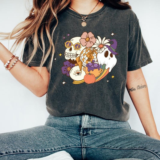 Retro Halloween Graphic Shirt  (COMFORT COLORS T-SHRIT, CAUSAL SHIRT UNISEX, HALLOWEEN CLOTHING, GRAPHIC APPAREL) Cotton Fabric