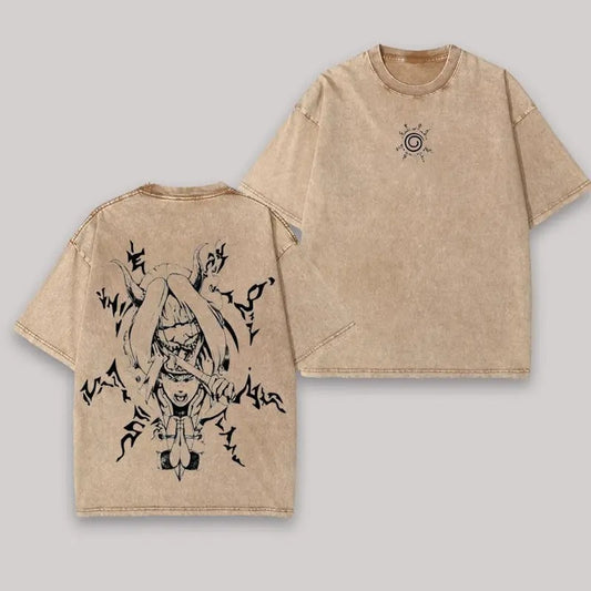 Retro Heavy Limited Shinigami Shiki Fujin Naruto Anime Double Printed Vintage Oversized Washed Tee Unisex Oversize Fabric