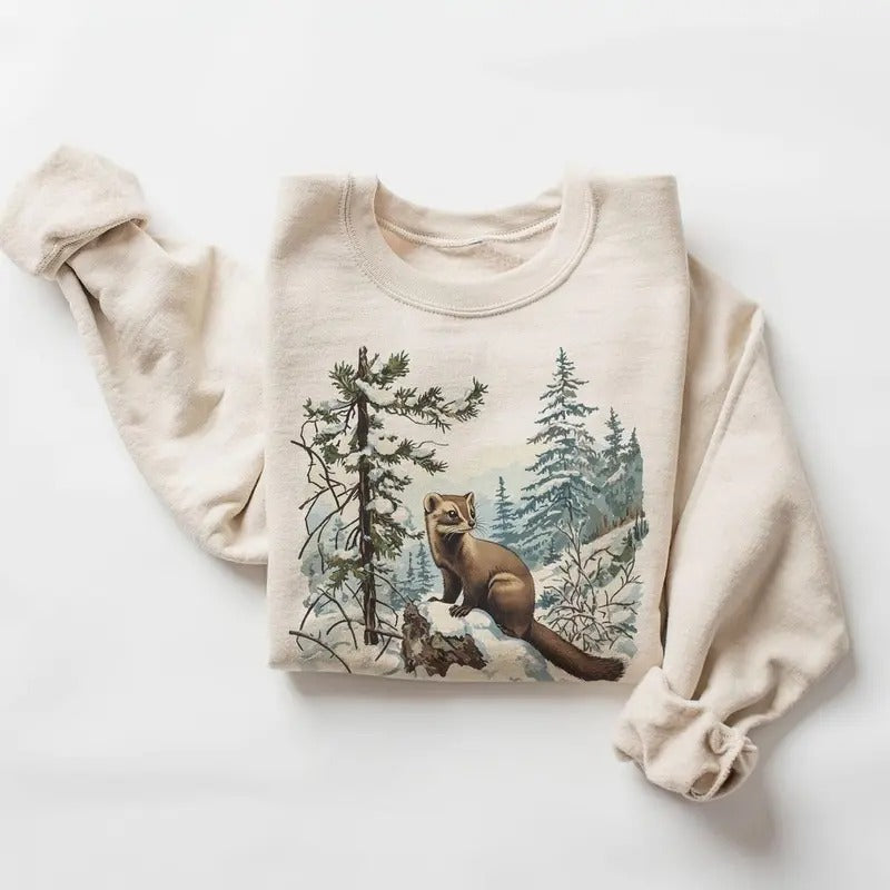 Retro Pine Marten Mountainside Winter Scene Sweatshirt - 90s Cute Mammals Nature Gift - Wildlife Watcher Hoodie Cotton Pullover
