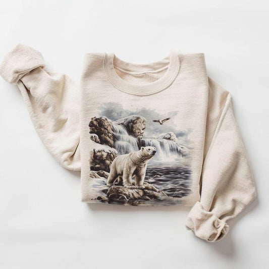 Retro Polar Bear Arctic Sea Scene Sweatshirt - 90s Wildlife Watcher Bear Gift - Polar Bear Outfit - Boho Unisex Crewneck Sweatshirt