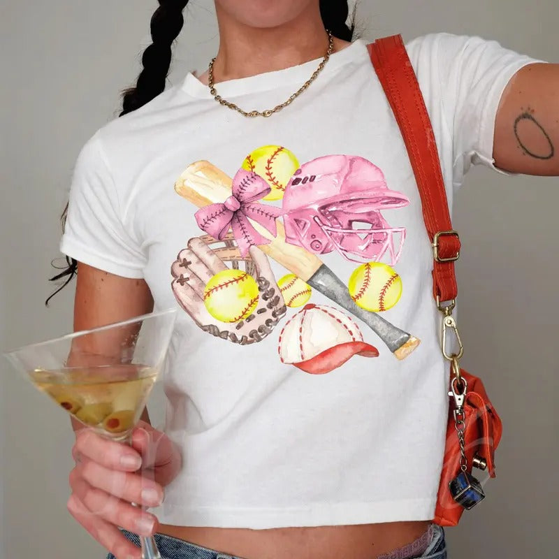 Retro Softball Y2K Baby Tee, Coquette Softball Shirt, Softball Player Gift, Game Day Trendy Clothing, Softball Catcher Aesthetic Baby Tee