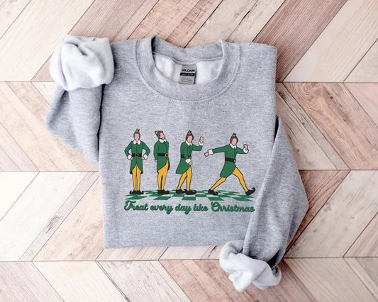Retro Treat Every Day Like Christmas Sweatshirt, Christmas Elf Sweater, Funny Christmas Elf Shirt, Christmas Movies T-shirt, Christmas Gifts Christmas Gift Idea 2024, Gift For Him, Gift For Her