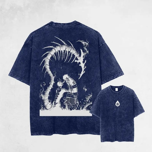 Retro Vintage Demon x Shinra Fire Force Double Printed Graphic Tee, Unisex Mineral Wash Cotton T-shirt for Anime Enthusiasts Sweatshirt, Hoodie, Comfort Colors