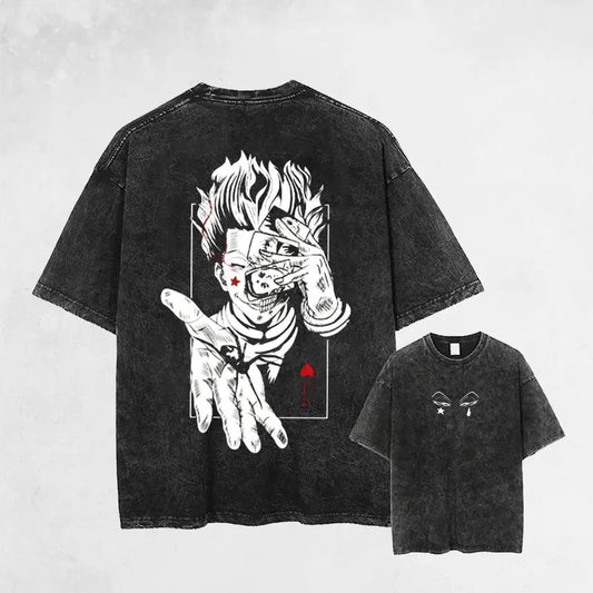 Retro Vintage Hisoka Joker Hunter x Hunter Double Printed Graphic Tee, Unisex Mineral Wash Anime T-shirt Sweatshirt, Hoodie, Comfort Colors