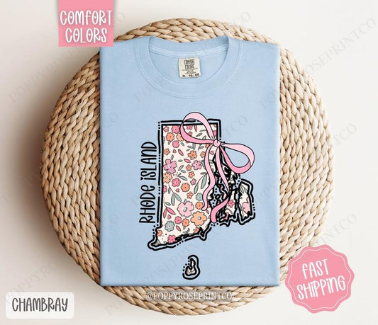 Rhode Island Floral Bow Comfort Colors T-shirt, Cute Trendy Tee, State Coquette Oversized Top