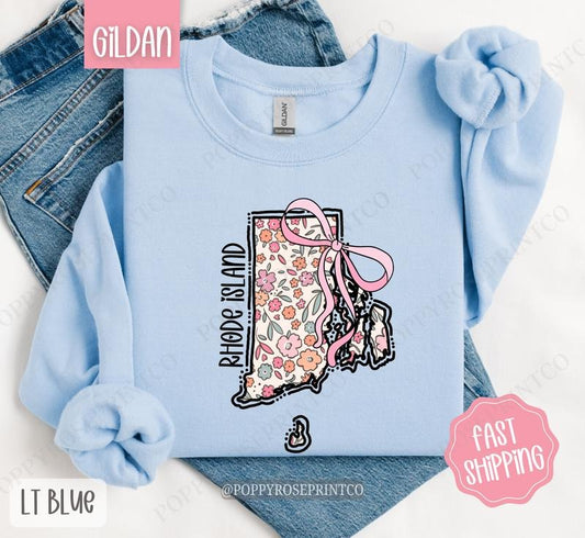 Rhode Island Floral Bow Gildan Sweatshirt, Cute Trendy State Coquette Pullover