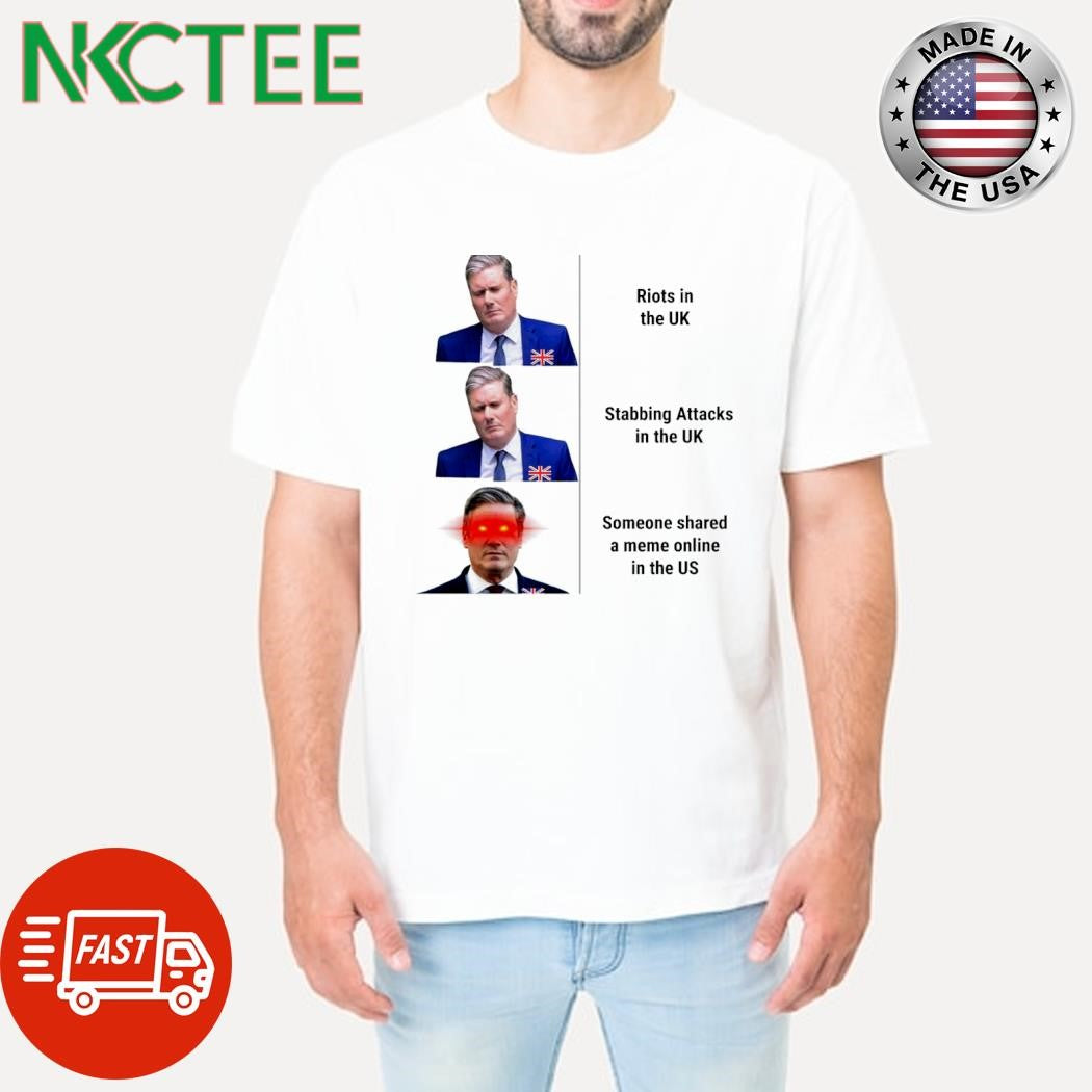 Riots in the UK Stabbing Attacks in the UK Someone shared a meme online in the US Keir Starmer Dark Brandon shirt