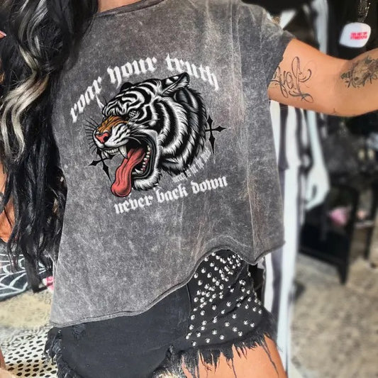 'Roar Your Truth, Never Back Down' Light Grey Mineral Wash T Shirt Aesthetic Pullover | Punk Rocker Style