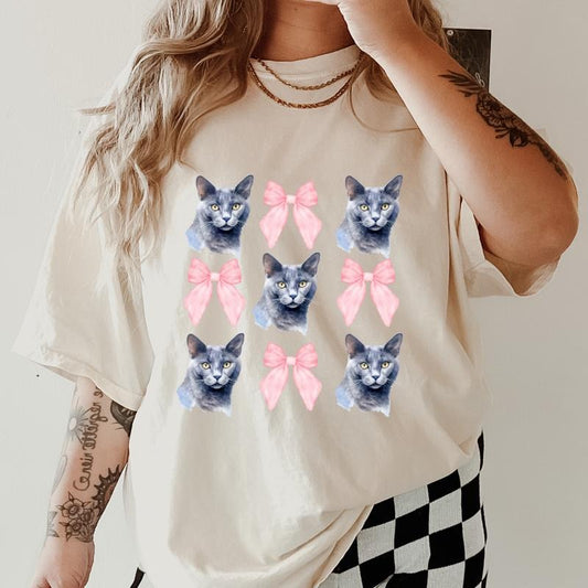 Russian Blue Cat with bows Shirt ~ Unisex Apparel Relaxed Fit Printed In The USA Clothing Womenswear Casual Comfort Cotton Top Athletic Boho Chicbrown chihuahua