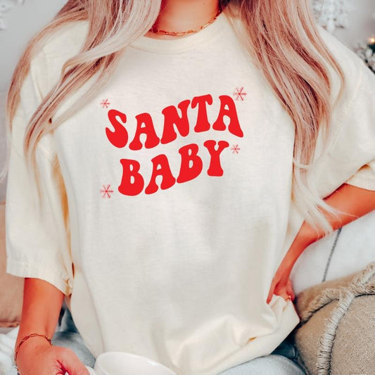 SANTA BABY SHIRT  (COMFORT COLORS T-SHRIT, CAUSAL SHIRT UNISEX, CHRISTMAS CLOTHING, GRAPHIC APPAREL) Cotton Fabric