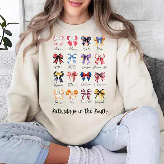 SEC Coquette Football Sweatshirt, Saturdays in the South Sec Bows Sweatshirt, College Football Sweatshirt, Southern Football Sweatshirt, South Shirt Football Game, Sport Shirt, Unisex Retro Tee for Men, for Women Womenswear Sweaters Hoodie Tops