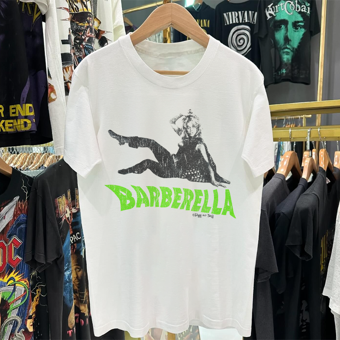 BARBARELLA (JANE FONDA) PROMO VINTAGE WASHED WHITE T-SHIRT Hoodie, Sweatshirt | CoreVibeTees.com (Image 1)