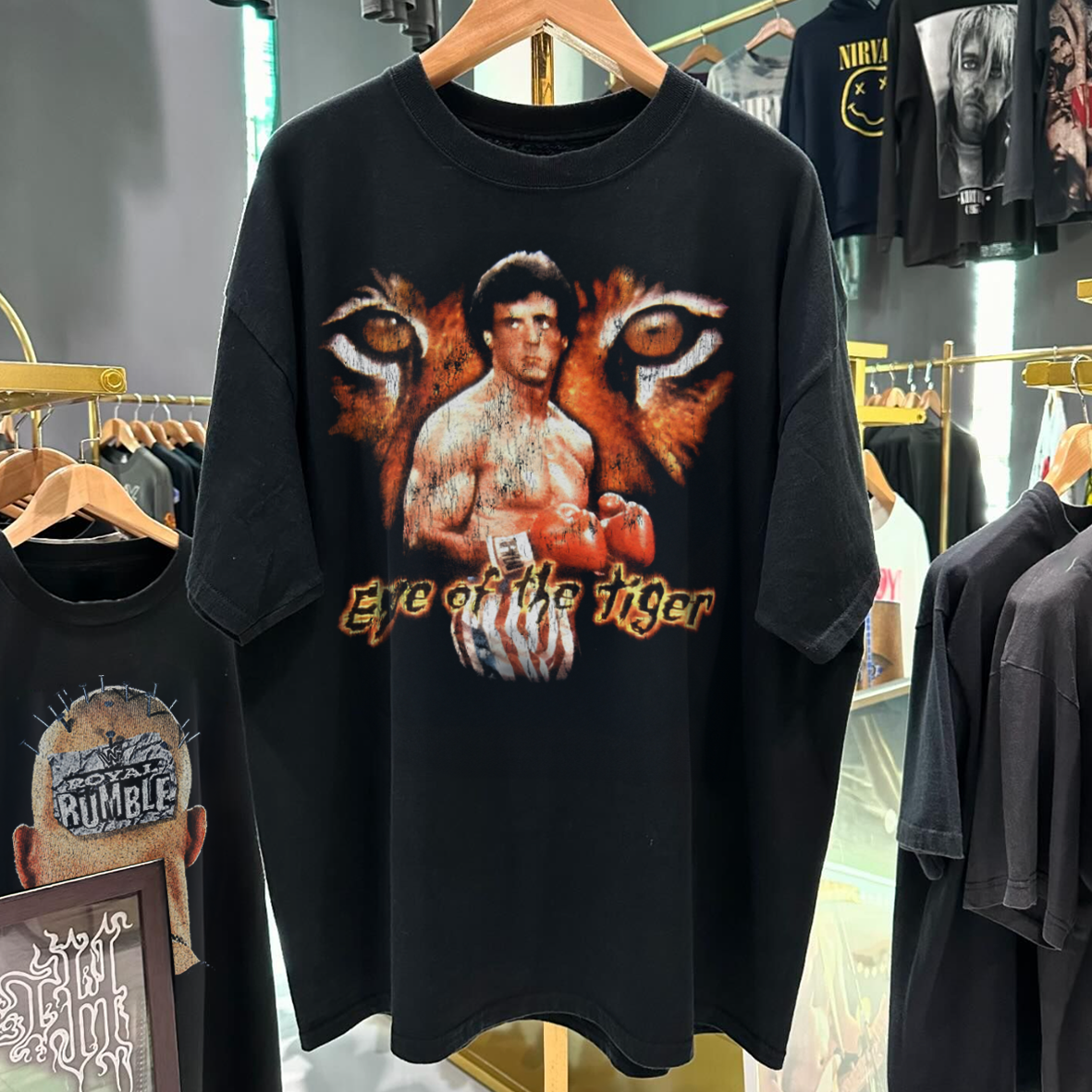EYE OF THE TIGER *ROCKY 3 PROMO* 80'S RARE VINTAGE WASHED BLACK T-SHIRT Hoodie, Sweatshirt | CoreVibeTees.com (Image 1)