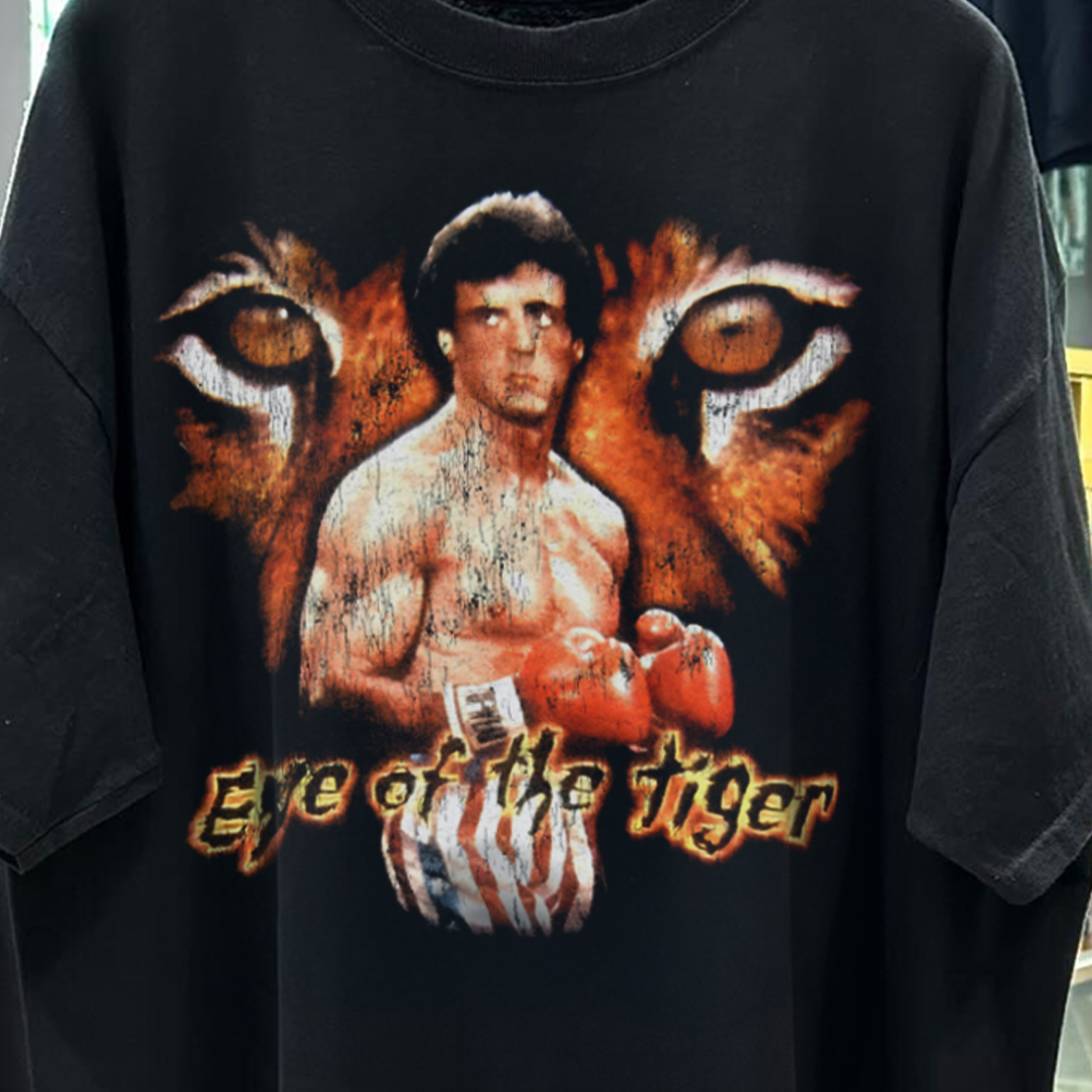 EYE OF THE TIGER *ROCKY 3 PROMO* 80'S RARE VINTAGE WASHED BLACK T-SHIRT Hoodie, Sweatshirt | CoreVibeTees.com (Image 2)