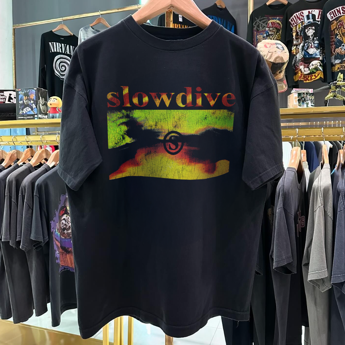 1991 SL0WDIVE JUST FOR A DAY RARE VINTAGE WASHED BLACK T-SHIRT Hoodie, Sweatshirt | CoreVibeTees.com (Image 1)