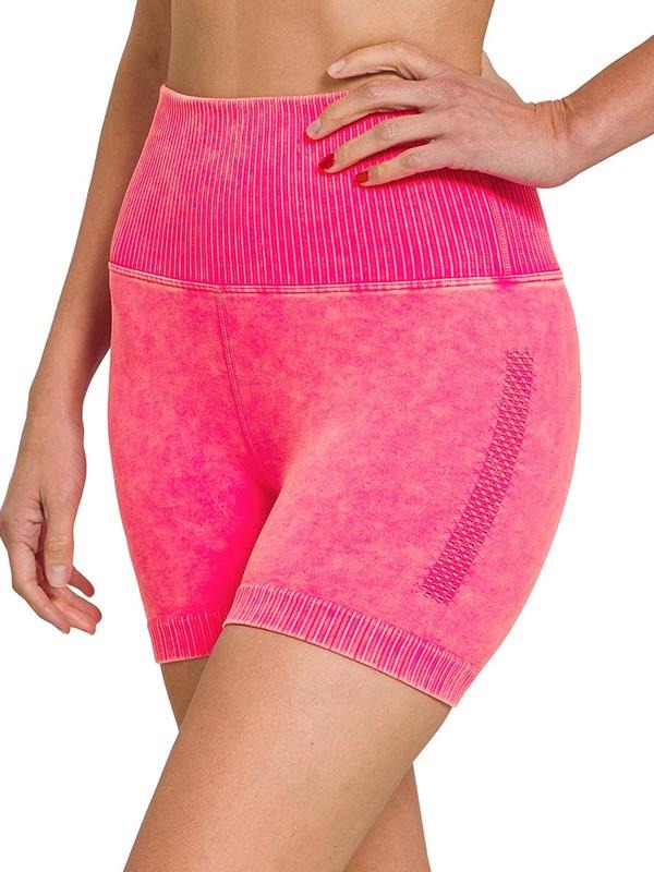 STONE WASHED SEAMLESS HIGH WAISTED SHORTS, Distressed Biker Shorts for Women, Acid Washed Seamless Ribbed Bike Shorts