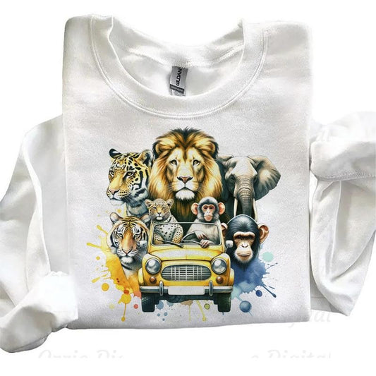 Safari Animals Sweathisrt Lion Tiger Elephant Car Jungle T-Shirt Unisex Hoodie