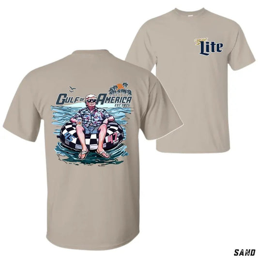 [Sale Up To 50%] Gulf of America T-Shirt, Relaxed Float Design Featuring 45 & 47, Retro Summer Vacation Tee with Miller Lite Branding for Beach Lovers and Freedom Seekers