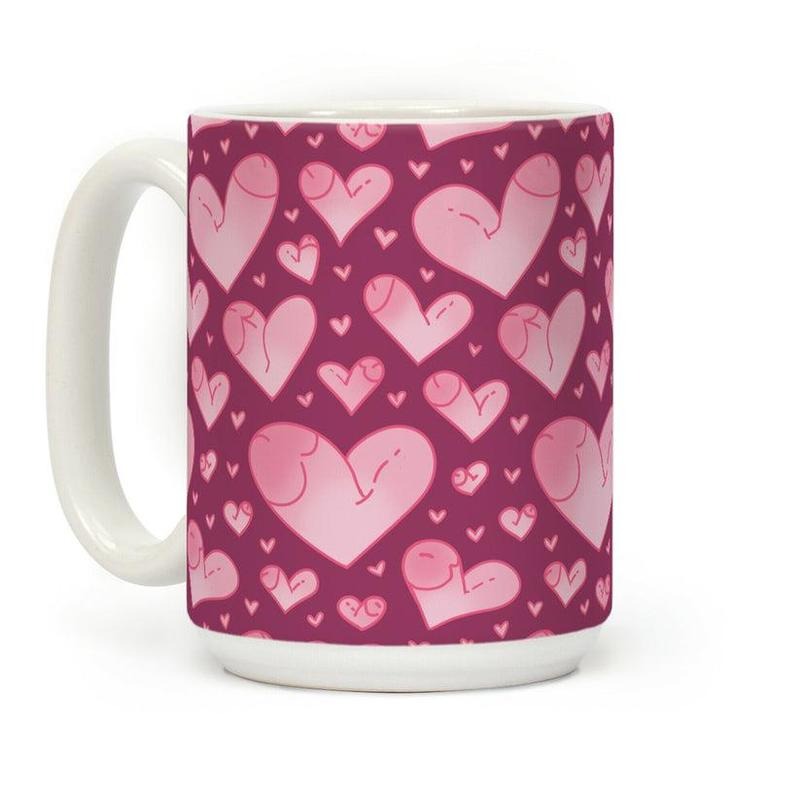 [Sale Up to 60% ] Penis Hearts Pattern Coffee Mug,  11 oz or 15 oz Ceramic Drinkware with Large Handles, Printed in the USA