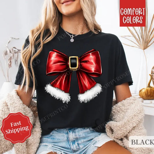 Santa Bow Shirt Comfort Colors Holiday Tshirt,  Women's Christmas Shirt, Cute Holiday Tee