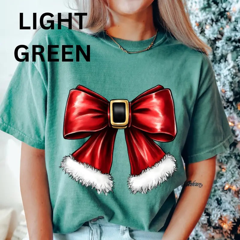 Santa Christmas Bow Shirt, Christmas Bow Shirt, Christmas Santa Shirt (COMFORT COLORS T-SHIRT, CASUAL SHIRT UNISEX, CHRISTMAS CLOTHING, GRAPHIC APPAREL, HOLIDAY SHIRT) Cotton Fabric Womenswear Top Printed Oversized Women
