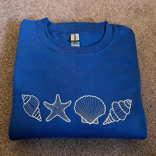 Seashell Embroidered Sweatshirt, Trendy, Beach Lover, Nature, Cute, Simple, Gift