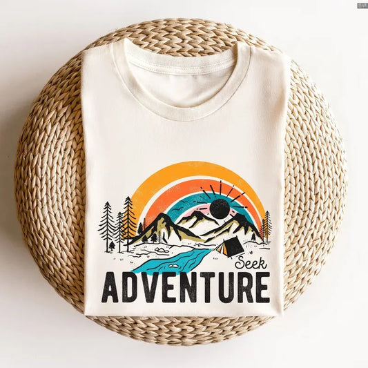 Seek Adventure Shirt,Vacation Shirt,Camping Shirt, Retro Crewneck, Gift For Lovers, Cotton, Trendy Womenswear Top