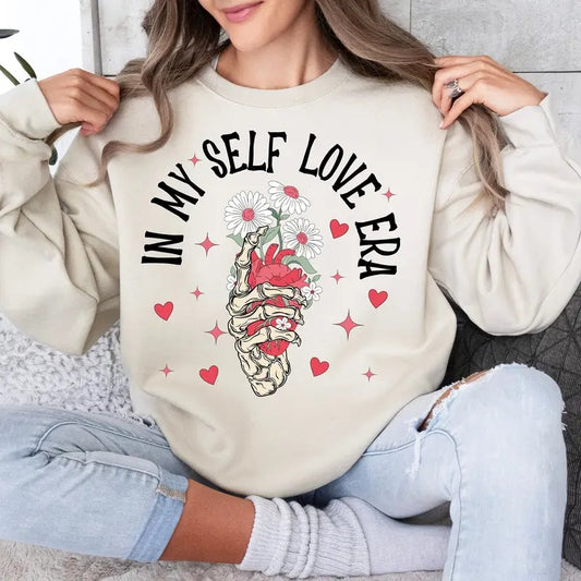 Self Love Era T-Shirt, Retro Valentine's Day Sweatshirt, Skeleton V-Day Crewneck, Groovy Trendy Valentine Clothing