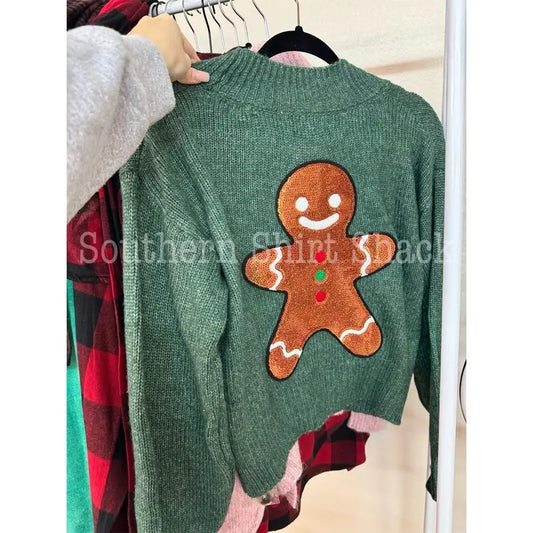 Sequin Gingerbread Patch Cardigan | Holiday Festive Cardigan