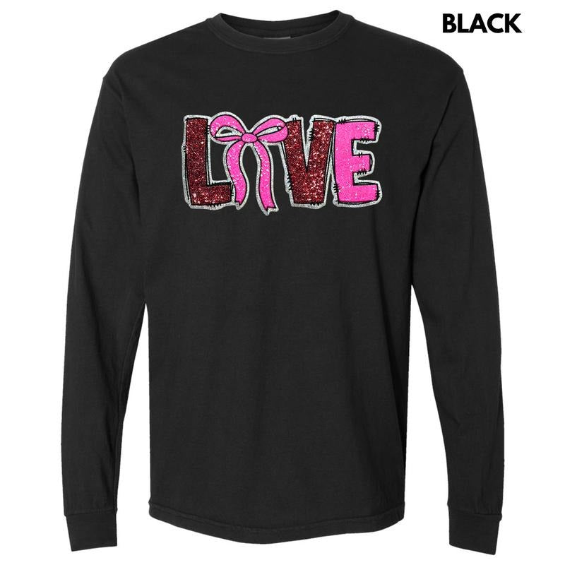Sequin Love Bow Patch Long Sleeve Comfort Colors T-Shirt Hoodie, Sweatshirt | CoreVibeTees.com