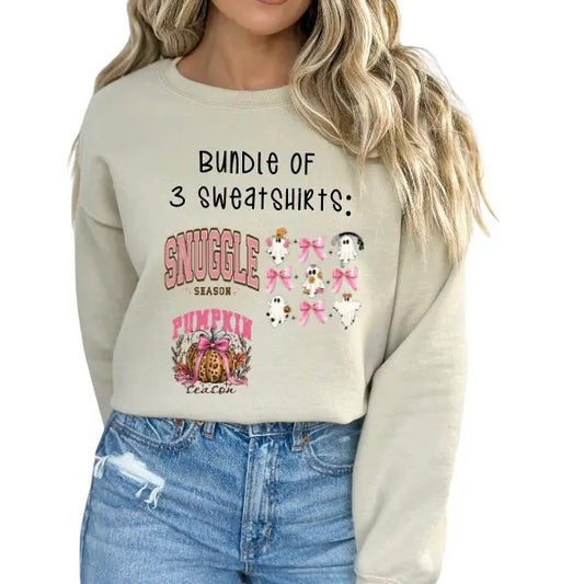 Set of 3 Trendy & Cozy Fall Sweatshirts: Pumpkin Season Coquette Style on Sand, Pink Ghost with Bow on Pink, & Snuggle Season on Sand | Adorable & Cute Designs Perfect for Autumn | Sizes Up to 4XL for Maximum Comfort | Ideal Fall Fashion & Seasonal Vibes