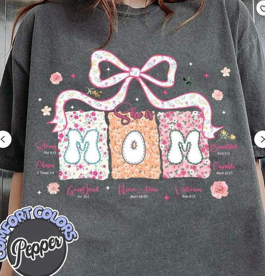 She is Mom Coquette Sweatshirt, Christian Mom Shirt, Boho Floral Mama