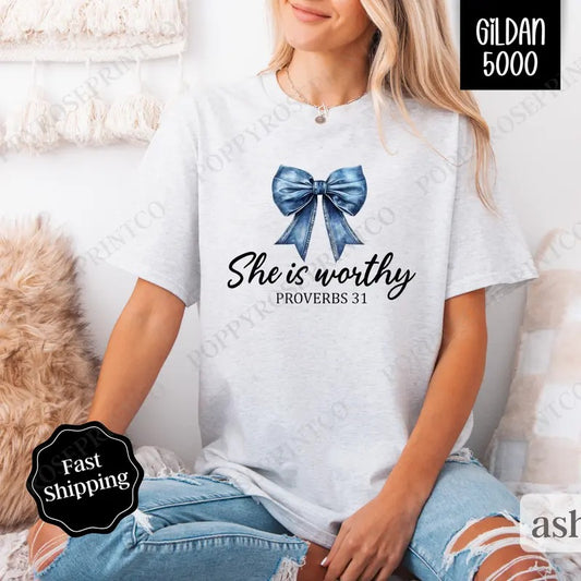 She is Worthy Jean Bow Shirt Gildan, Christian Coquette Tee, Trendy Women's Tshirt Plus Sizes