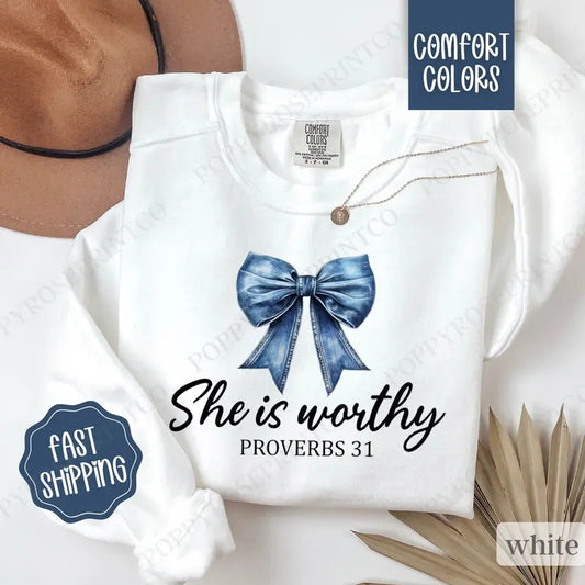 She is Worthy Jean Bow Sweatshirt Comfort Colors, Christian Coquette Crewneck, Trendy Women's Sweater