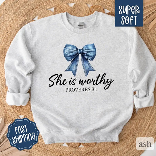 She is Worthy Jean Bow Sweatshirt, Christian Coquette Crewneck, Trendy Women's Sweater