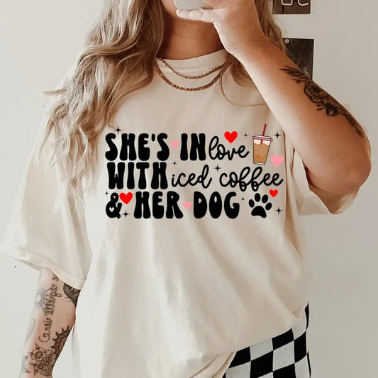 She's In Love Coffee and her Dog Shirt~ Unisex Apparel Relaxed Fit Printed In The USA Clothing Womenswear Casual Comfort Cotton Top Athletic Boho Chic