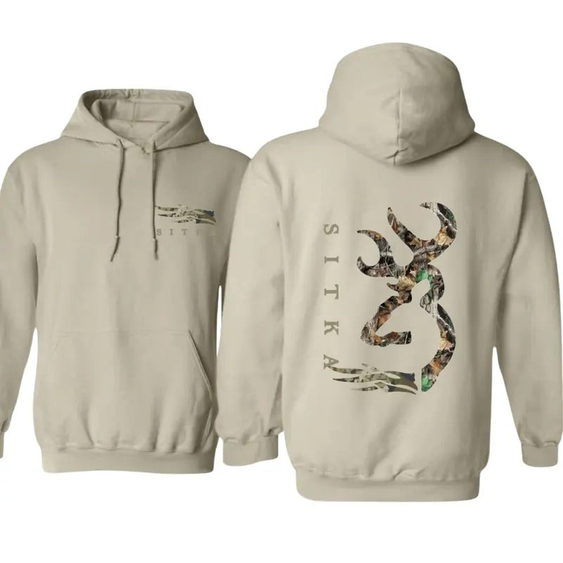 Sitka Branding Camo Hunting Hoodie with Deer Antler Graphic, Classic Fit for Outdoorsmen and Fans of Camouflage Style - Sweatshirts, Tops