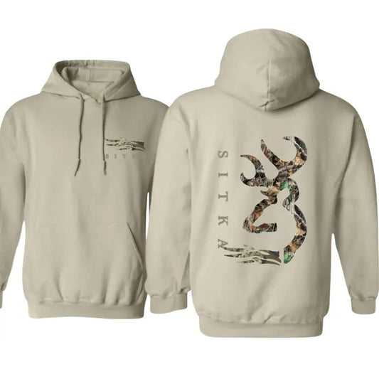 Sitka Branding Camo Hunting Hoodie with Deer Antler Graphic, Classic Fit for Outdoorsmen and Fans of Camouflage Style - Sweatshirts, Tops