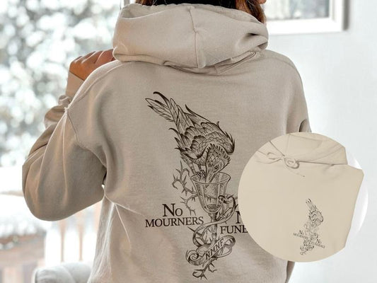 Six Of Crows Hoodie, No Mourners No Funerals Kaz Inej Ketterdam Crow Club Swetshirt, Grishaverse Booktok Merch, Bookish Sweatshirt Back & Front Unisex Soft Comfort Crewneck Pullover Long Sleeves Graphic Fabric Sweater