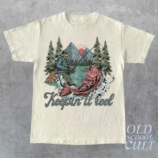 Skeleton Fishing Vintage 90s T-Shirt, Retro Skull Fishing Graphic Shirt, Nature Y2k Shirt, Fishing Lovers Gift, Gift For Him plain y2k Menswear Top