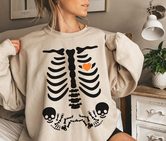 Skeleton Halloween Maternity Sweatshirt Funny Twin Pregnancy Announcement Shirt Pregnant Women Costume Fall Twins Mom Sweater Mama to Be