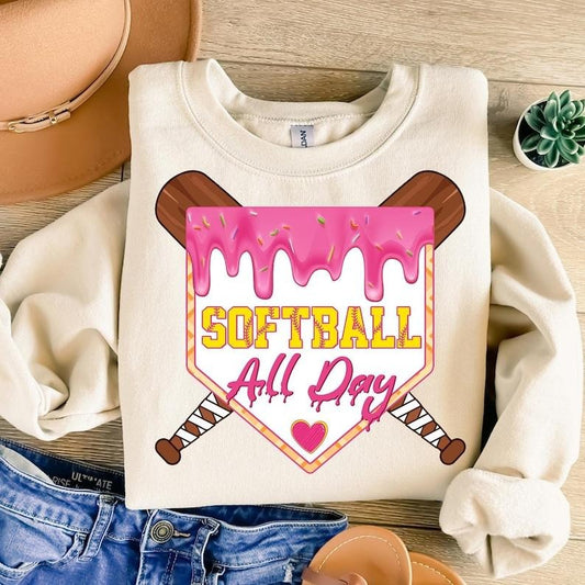Softball All Day Home Plate Ice Cream Drip, Game Day Coquette , Softball Mama , Softball Mom Sweatshirt