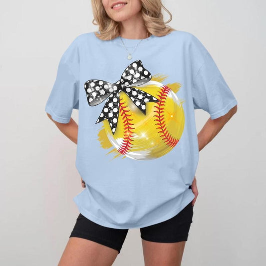 Softball Mama Bow T-shirt, Cute Unisex Cotton Crewneck