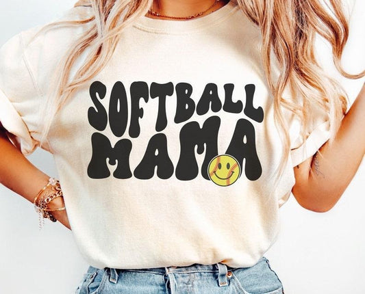 Softball Mama Shirt, Retro Softball Mom Tshirt, Ballpark Game Day T-Shirt, Softball Crewneck, Smiley Happy Face, tshirt hot trend 2025