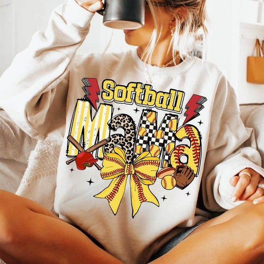 Softball Mama Sweatshirt Softball Coquette Game Day Softball Bow Checker Softball Team Spirit