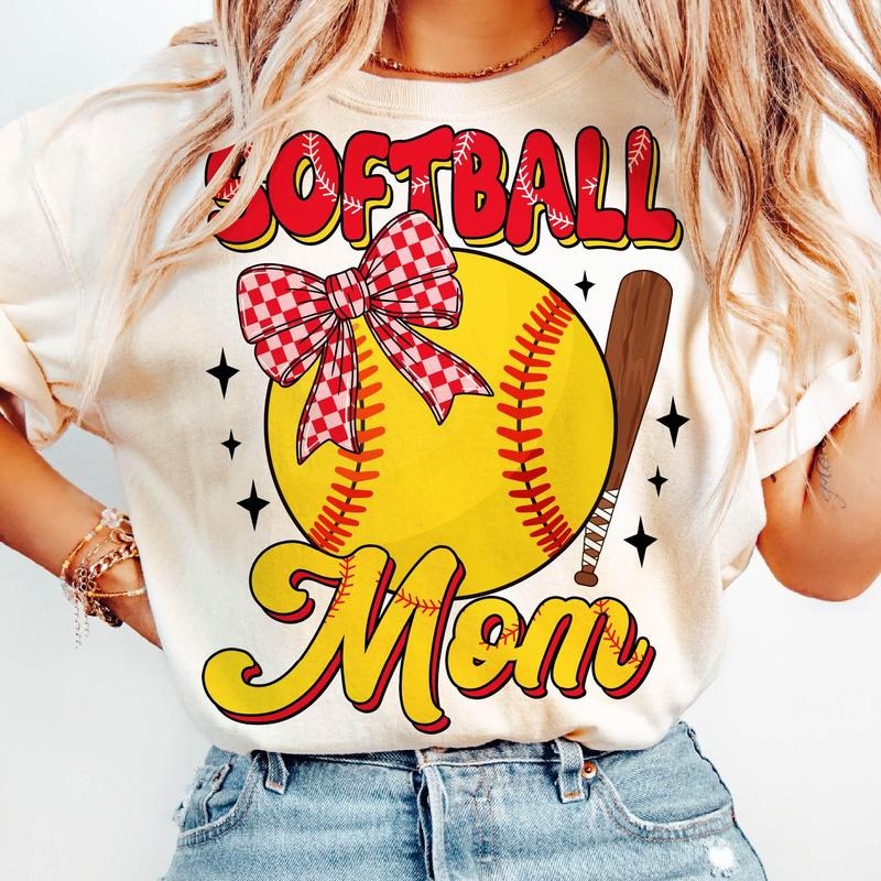 Softball Mom T-Shirt, Retro Softball Mama T-Shirt, Game Day Softball Bow T-Shirt, Softball Sports Shirt T-Shirt, Mother's...