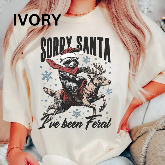 Sorry Santa I've Been Feral Shirt, Comfort Colors christmas Shirt, feral christmas Shirt, Retro fall Shirt, Cotton Fabric Womenswear Top Printed Oversized Women