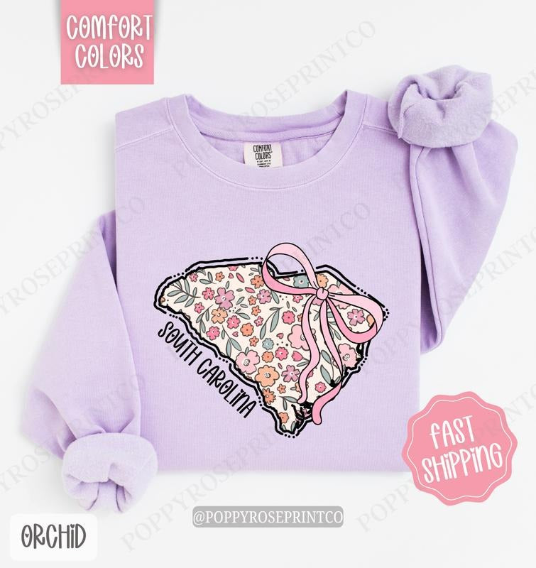 South Carolina Floral Bow Comfort Colors Sweatshirt, Cute Trendy State Coquette Pullover