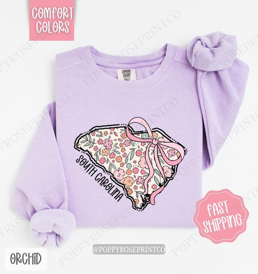 South Carolina Floral Bow Comfort Colors Sweatshirt, Cute Trendy State Coquette Pullover
