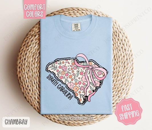 South Carolina Floral Bow Comfort Colors T-shirt, Cute Trendy Tee, State Coquette Oversized Top